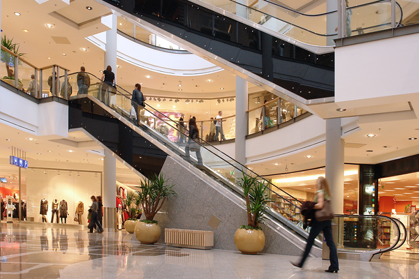 Shoppers in multilevel shopping center