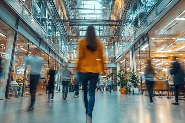 Woman walking through busy modern office building atrium.